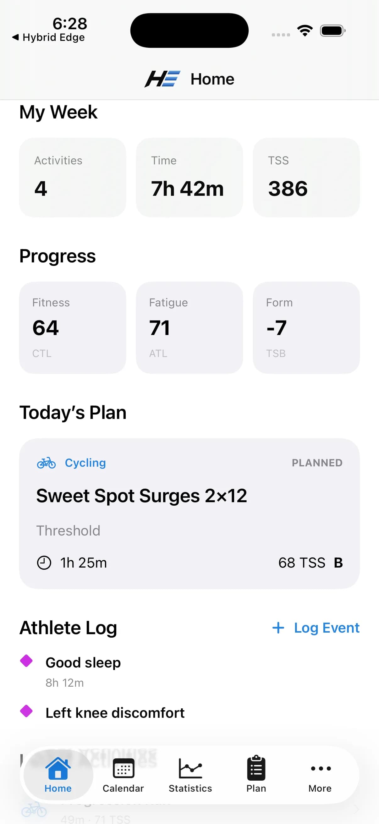 Hybrid Edge home screen showing weekly training and today's plan